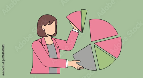 A woman in a pink jacket is assembling a pie chart with different colored segments.