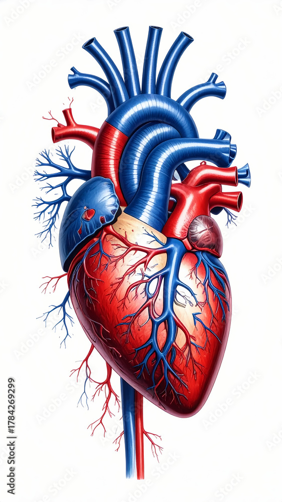 Naklejka premium Anatomical illustration of human heart in red and blue with arterial and venous structure