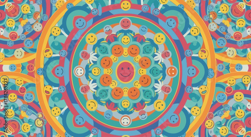 A vibrant and psychedelic mandala pattern filled with colorful smiling faces creating a joyful and hypnotic design.