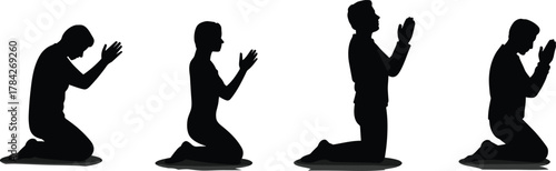 Silhouettes of kneeling figures with clasped hands in prayer pose for spirituality, devotion, worship, and illustration design use