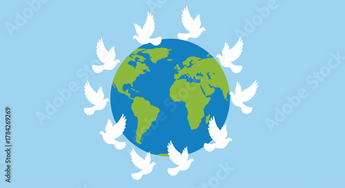 A group of white doves encircles the Earth, symbolizing global peace and unity.
