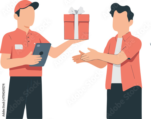 Flat Vector Illustration of Delivery Person Handing Gift Box to Customer, Efficient Delivery Service, Gift Exchange Moment, Customer Satisfaction Interaction, Modern Logistics Process,