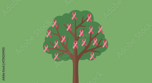Illustration of a tree adorned with pink ribbons, symbolizing breast cancer awareness and support.