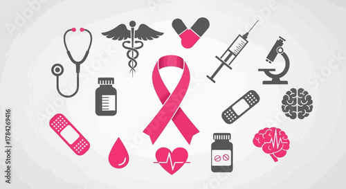 A collection of medical and healthcare-related icons arranged around a pink breast cancer awareness ribbon.