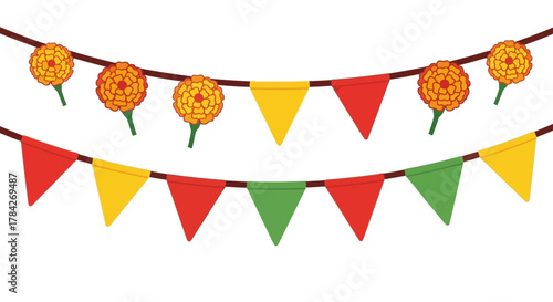 Two strings of festive bunting flags and marigold flowers strung across a white background.