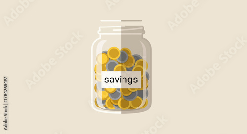 A clear glass jar filled with gold and silver coins, labeled "savings", on a light background, symbolizing financial growth and security.