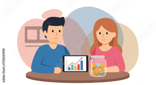 A couple discussing finances, with a tablet showing a graph and a jar of coins.