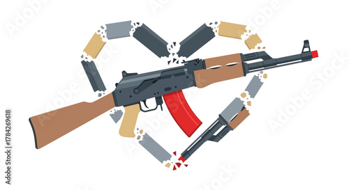 An AK-47 rifle is depicted with a heart shape formed by ammunition cartridges behind it.