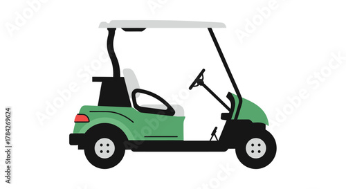 A green golf cart with a white roof and seats, viewed from the side on a plain background.