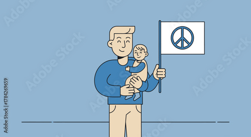 A smiling man holds a baby while holding a peace flag in a simple illustration.