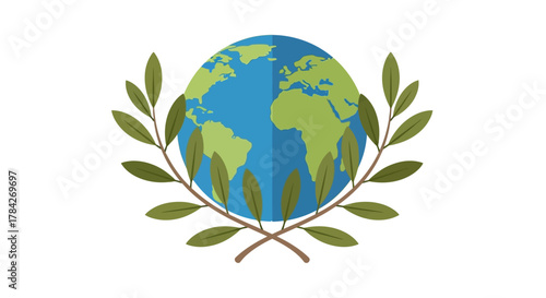 Illustration of the earth surrounded by olive branches, symbolizing peace and environmentalism.