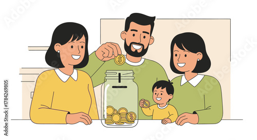 Family saving money in a jar, parents and child smiling.