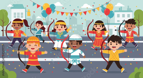 Illustration of diverse children in traditional attire practicing archery during a festival celebration.