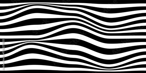Black and white wavy stripes pattern. Abstract horizontal lines creating optical illusion and modern minimalist design. Seamless vector background for textile, wallpaper, or graphic design projects