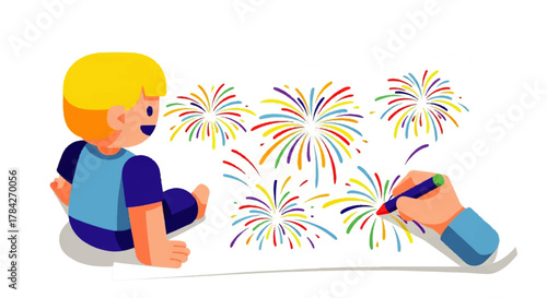 Young Child Drawing Colorful Fireworks Display.
