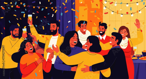Diverse Group of Friends Celebrating Together with Confetti.