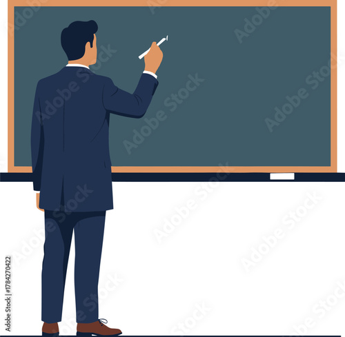 Male teacher writing on classroom chalkboard, back view of educator explaining lesson, academic teaching and learning concept illustration for education