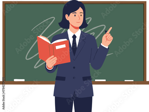 Teacher explaining lesson in classroom with chalkboard background, professional educator holding book, school teaching concept, education and learning illustration