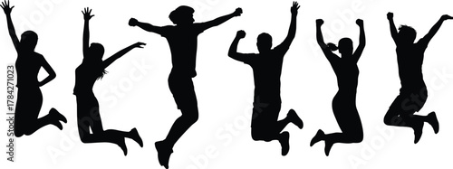 Silhouettes of people jumping with raised arms in energetic poses for celebration, joy, freedom, lifestyle, and illustration design use