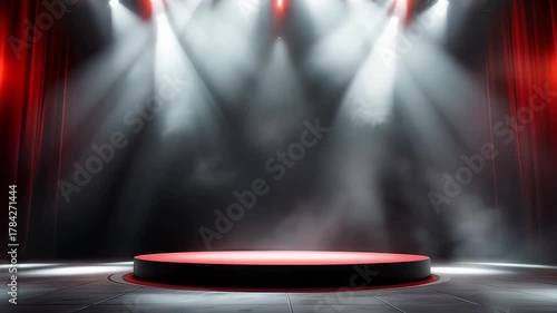 Empty Stage With Red Curtains And Dramatic Spotlight Lighting Smoke And A Red Round Platform For Performance Or Presentation