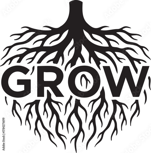 Business Development: Strong Root System with 'GROW' Word Logo Icon Silhouette