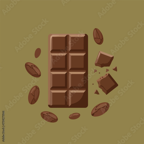 A chocolate bar is positioned centrally with some cocoa beans around it, and a broken part of chocolate to the right, all over a khaki background.