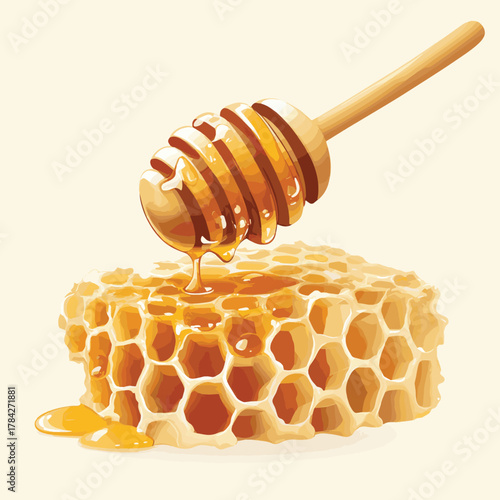 A wooden honey dipper resting on a piece of honeycomb with honey dripping from it   , vector style simple color