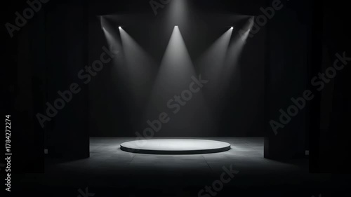 Minimalist Stage With Spotlight Illumination And Circular Platform In Dark Room