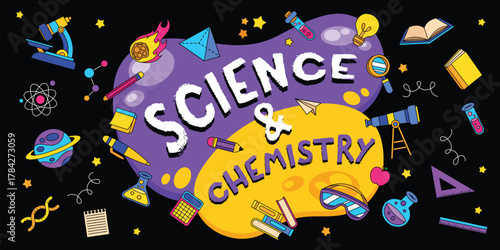 Fun science and chemistry element banner vector illustration