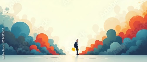 Businessman walking confidently with a briefcase through a colorful abstract landscape; slow pan camera follows, clouds gently sway; cinematic style, perfect for innovation themes.