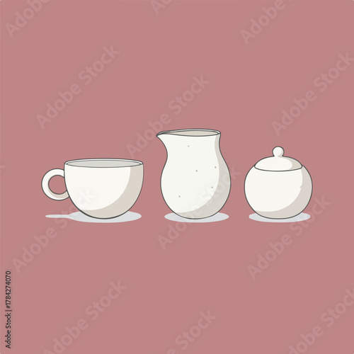 Illustration of a white teacup, creamer, and sugar bowl with lid centered horizontally on a solid muted rose pink background.