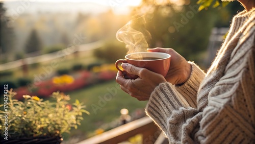 Person holding warm cup of tea steam rising in golden hour sunlight hands coffee