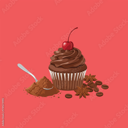 A chocolate cupcake with a cherry on top sits next to a spoonful of cocoa powder, coffee beans, and star anise on a red background.