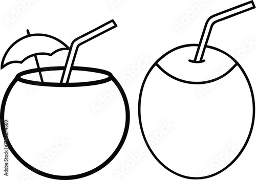 Coconut Water and Tropical Drinks Line Art Transparent Background