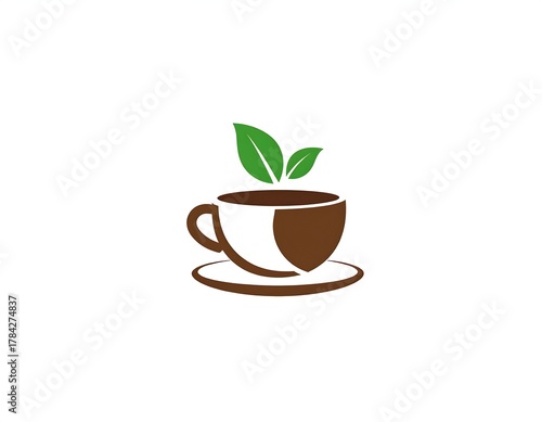 A simple illustration of a coffee cup with two green leaves sprouting from the top. It sits on a saucer