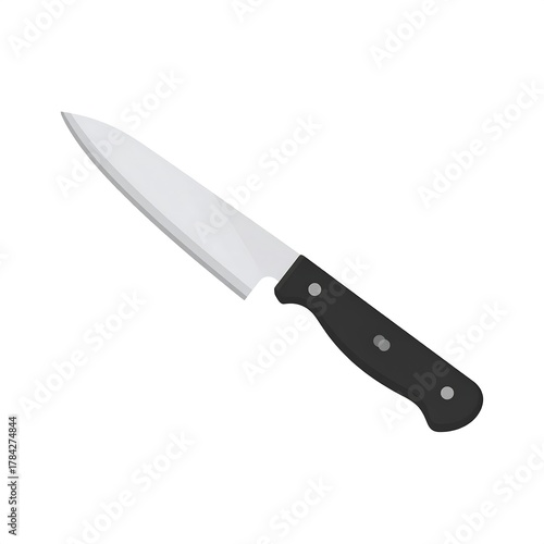 A simple, isolated illustration showcasing a common kitchen utensil. It features a steel blade and a dark handle secured with rivets, angled slightly