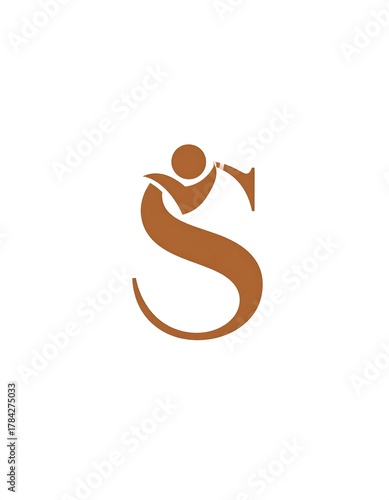 A stylized letter 'S' in a warm brown hue features a silhouetted figure playing a horn, creating a unique visual narrative