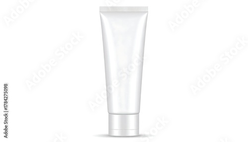 A tall, white, unbranded tube stands upright on a white surface, showcasing its sleek, minimalist design. It's suitable for cream