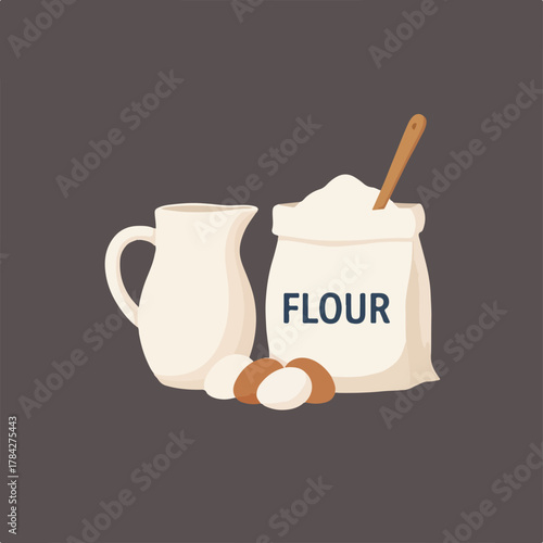 A whimsical illustration showcases a cream pitcher, a bag of flour labeled "FLOUR" with a wooden spoon, and three eggs, set against a gray background.