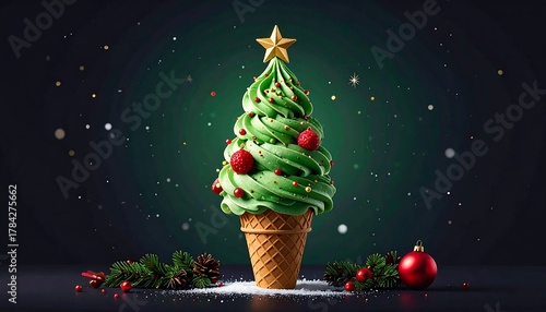 Christmas Tree Ice Cream Cone Festive Holiday Treat.