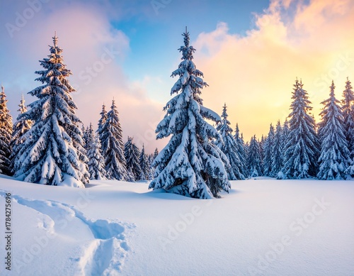 Wallpaper Mural Footprints in deep snow lead through a tranquil forest of snow-covered evergreen trees at sunrise. Torontodigital.ca