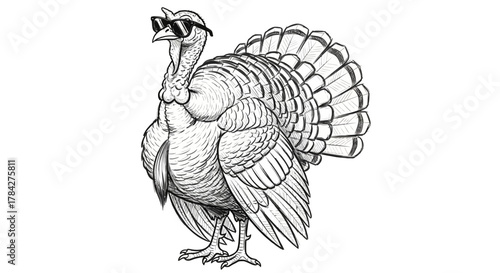 A detailed black and white illustration of a turkey wearing sunglasses, looking cool.
