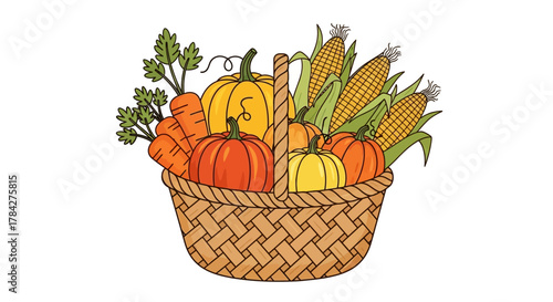 Basket filled with autumn harvest vegetables: pumpkins, carrots, and corn.