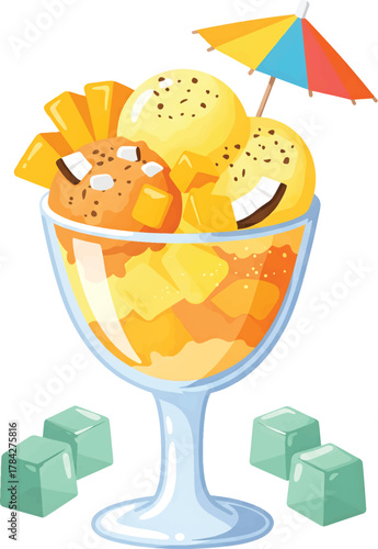 Vector Illustration Refreshing Mango Ice Cream Sundae with Umbrella and Ice Cubes