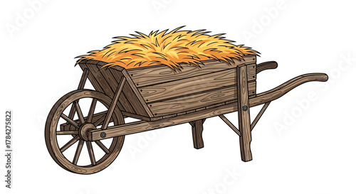 A detailed illustration of a wooden wheelbarrow filled with golden hay, isolated on white.