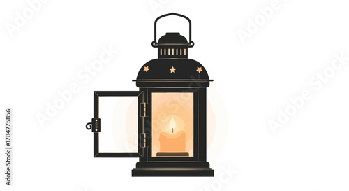 A vintage black lantern with a lit candle inside, casting a warm glow, with its door ajar.
