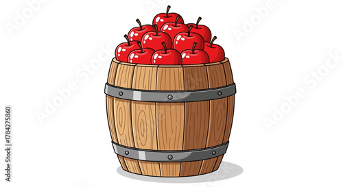 A wooden barrel overflowing with a large pile of fresh, ripe red apples, isolated on a white background.