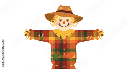 A cheerful cartoon scarecrow with a straw hat and a plaid shirt, smiling widely.