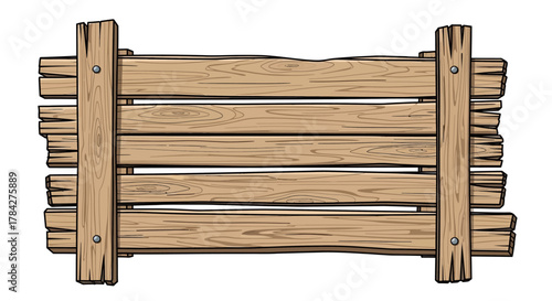 A rustic, weathered wooden fence panel with horizontal planks isolated on a white background.