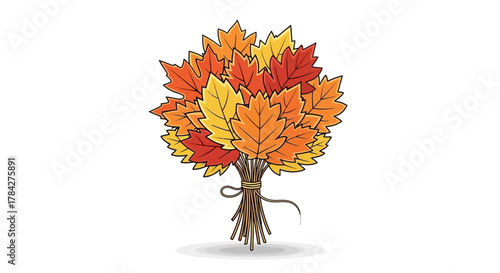 A vibrant bouquet of autumn leaves tied together with twine, showcasing fall colors.